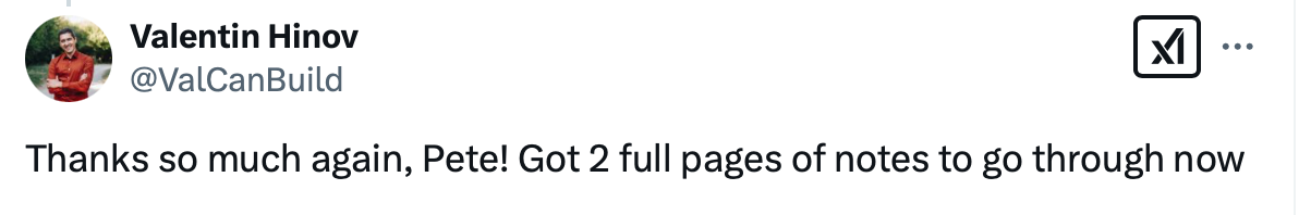 Tweet saying "Thanks so much again, Pete! Got two full pages of notes to go through now"