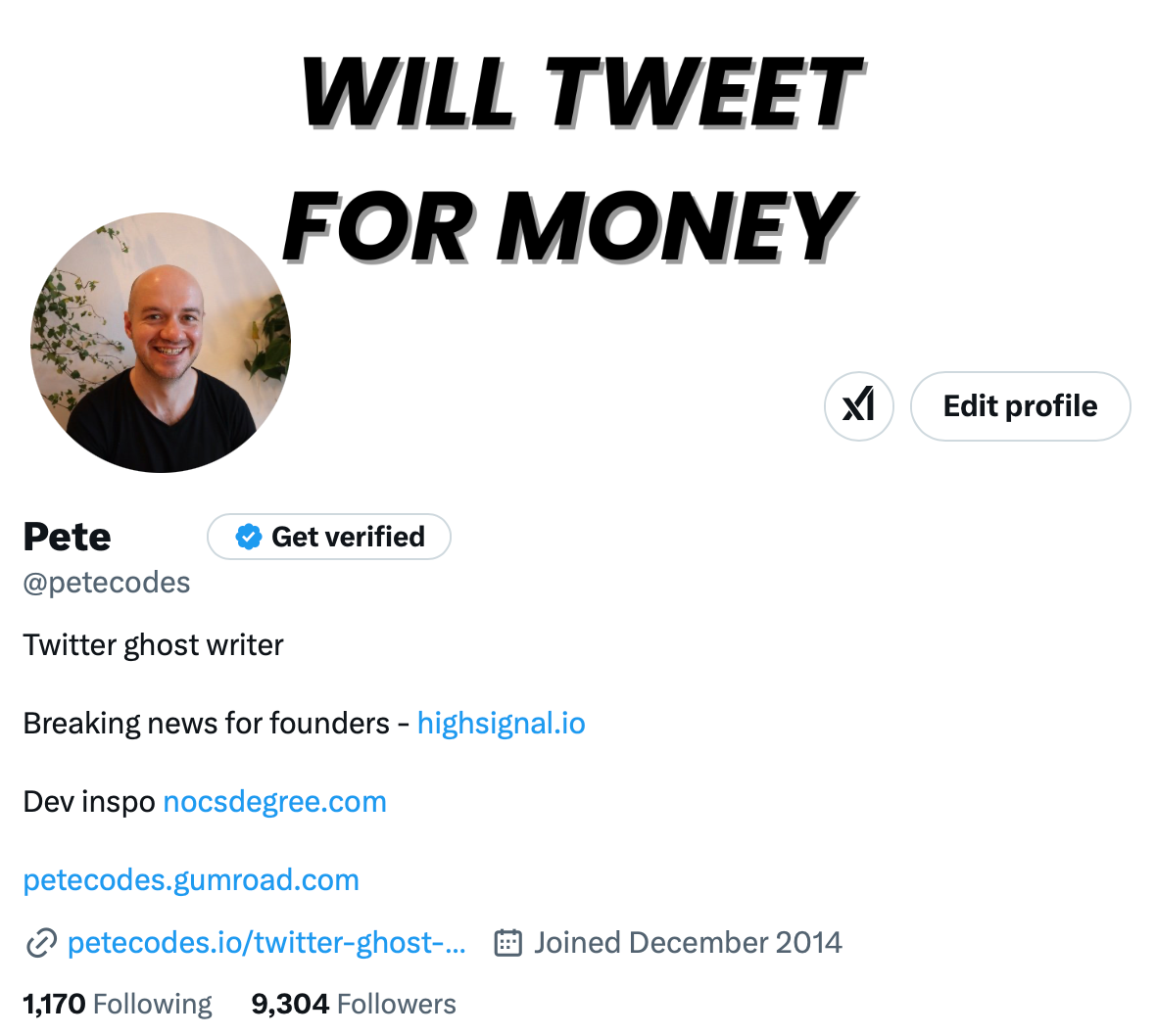 Twitter profile for Pete Codes