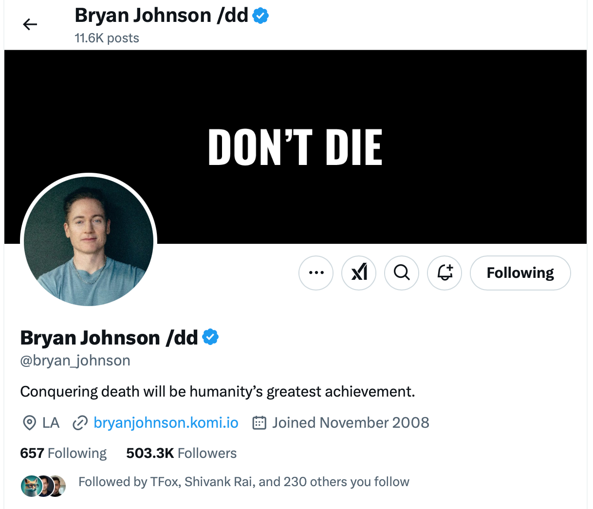 Screenshot of Bryan Johnson Twitter profile