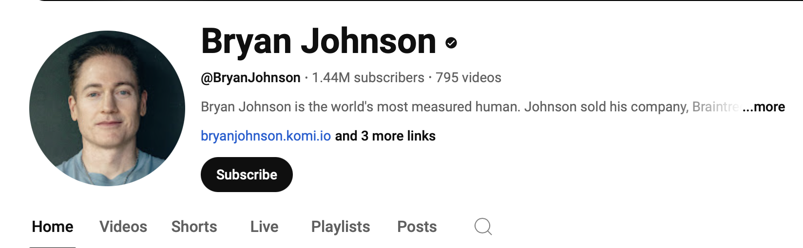 YouTube profile of Bryan Johnson showing he has 1.44 million subscribers