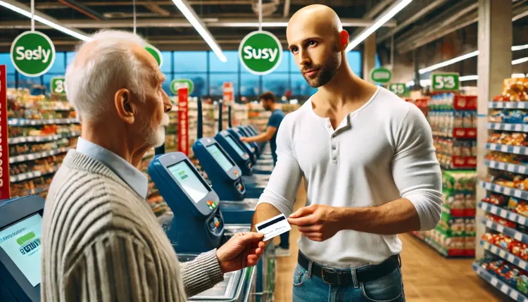 Old man giving loyalty card to man in supermarket